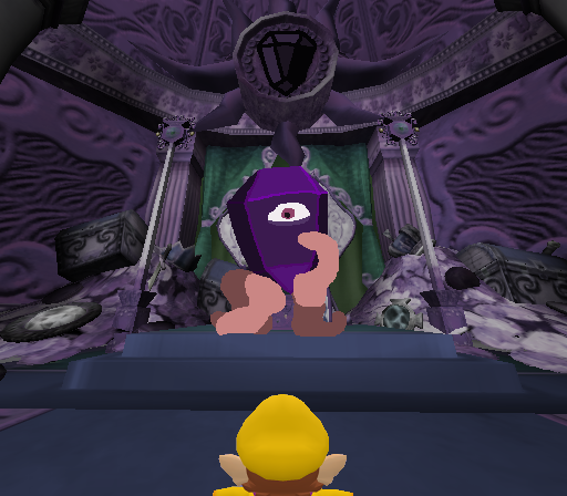 A mockup of the Black Jewel sitting on the throne of Wario's Castle, only more purple. Wario stands face to face with the jewel.